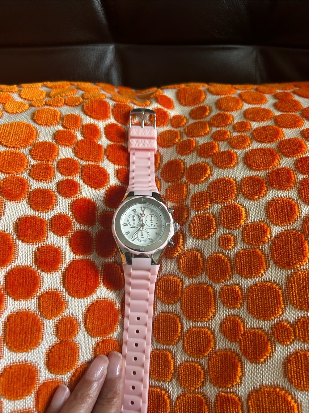 Michele Pink Silicone Strap Chronograph Watch with Silver-Tone Case - Picture 3 of 7